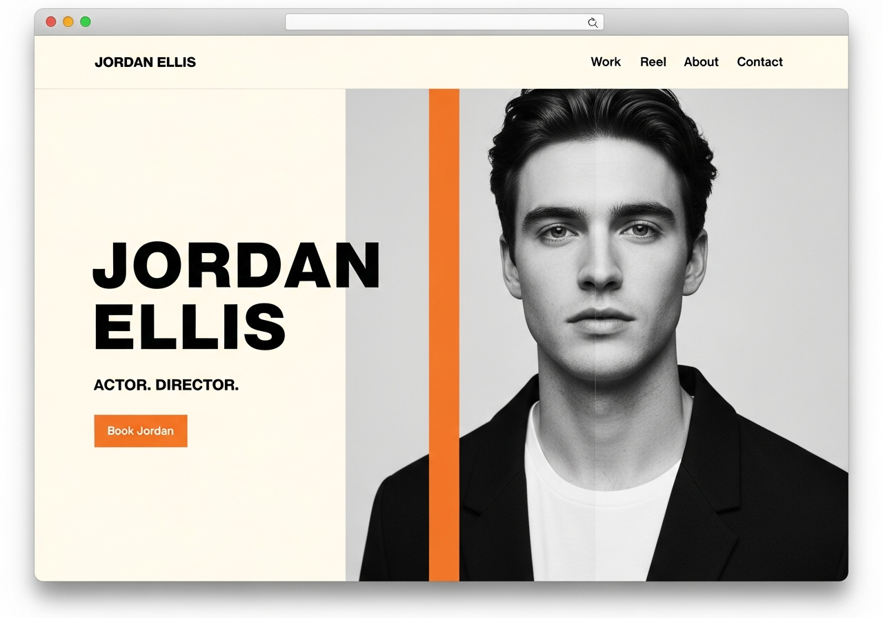 Bold Modern actor website design — oversized typography, high contrast black and white, asymmetric layout. High-energy and assertive.