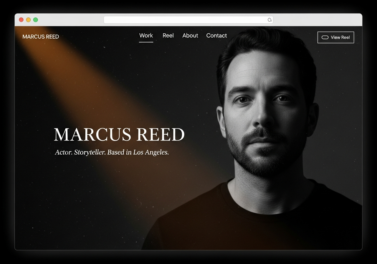 Cinematic actor website design — dark background, dramatic movie-poster typography, full-bleed headshot, deep contrast. Ideal for film and TV actors.