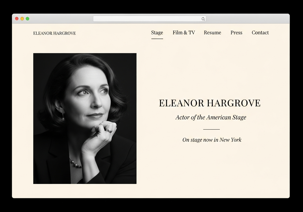 Classic Stage actor website design — refined serif typography, elegant Playbill-inspired layout, cream tones. Ideal for theatre actors.