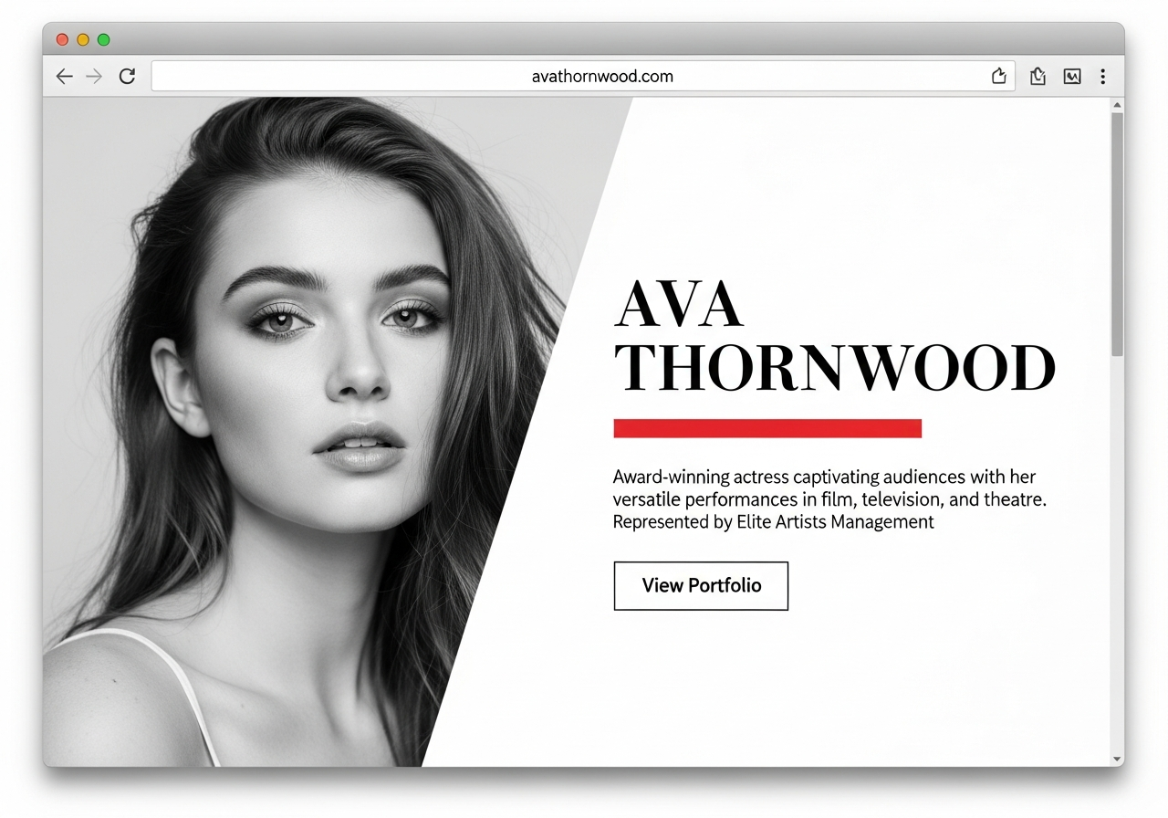Editorial actor website design — magazine-style typography, generous white space, large headline treatment. Sophisticated and versatile.