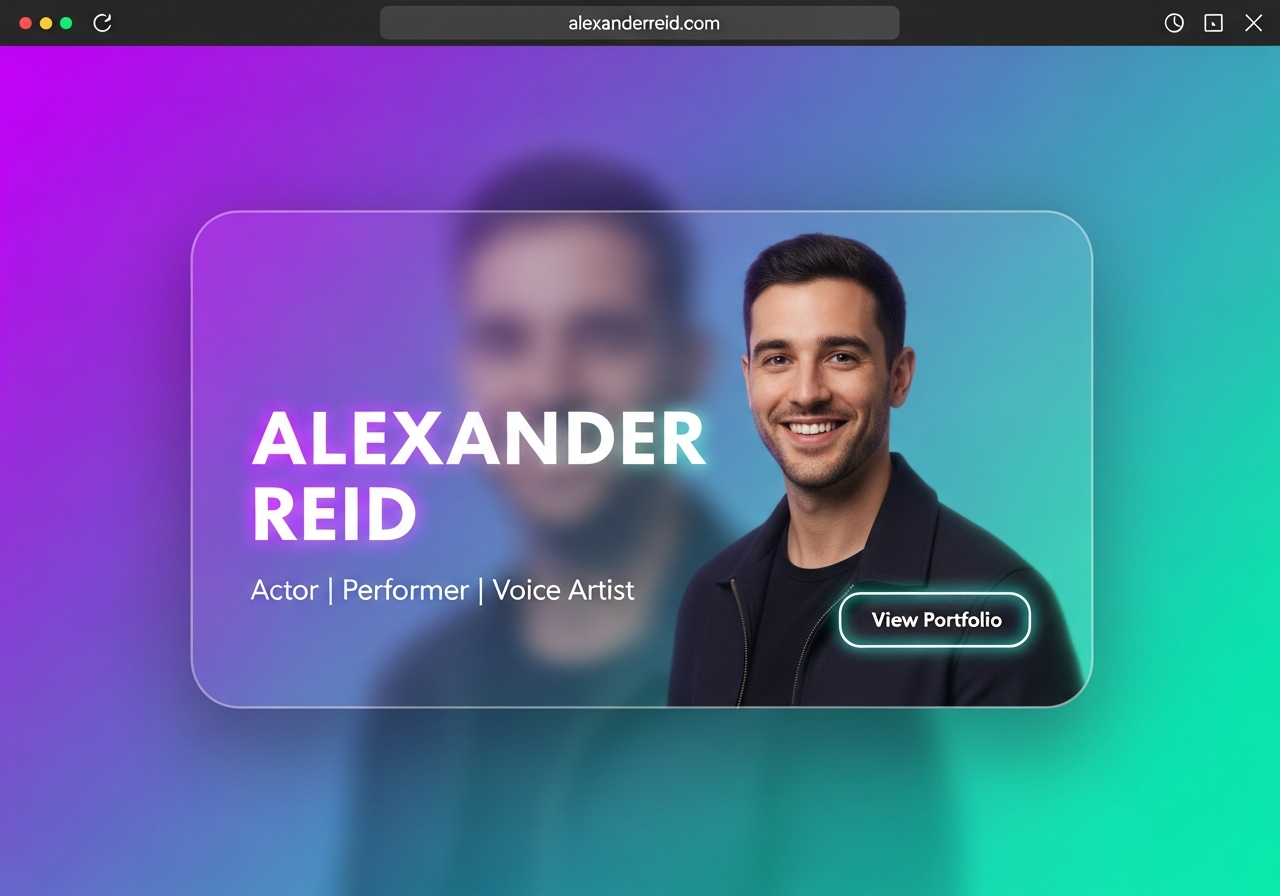 Glassmorphic actor website design — frosted glass effect, gradient light, luminous modern aesthetic. Contemporary and distinctive.