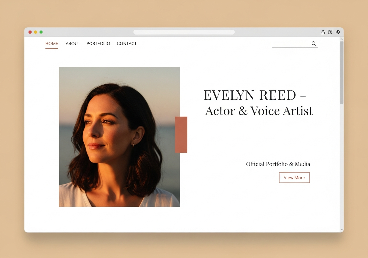 Warm Minimal actor website design — soft warm tones, generous spacing, understated elegance. Approachable and refined.